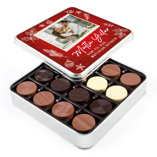 Fotoğraflı Yılbaşı Hediyesi Yuvarlak 64 Adet Madlen Çikolata (Metal Kutu) - 1