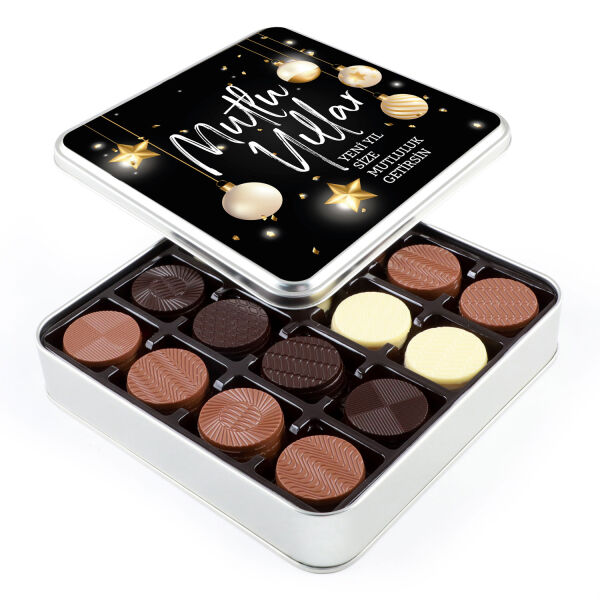 Yılbaşı Hediyesi Yuvarlak 64 Adet Madlen Çikolata (Metal Kutu) Siyah - 1