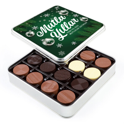 Yılbaşı Hediyesi Yuvarlak 64 Adet Madlen Çikolata (Metal Kutu) Yeşil - 1