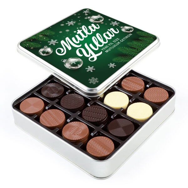 Yılbaşı Hediyesi Yuvarlak 64 Adet Madlen Çikolata (Metal Kutu) Yeşil - 1