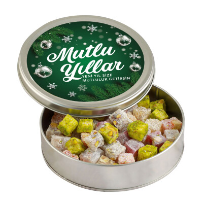 Yılbaşı Hediyesi Çifte Kavrulmuş Lokum (Metal Yuvarlak Kutu) 300g Yeşil - 1