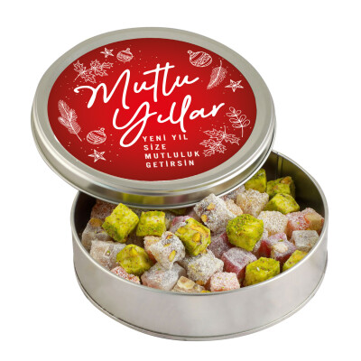 Yılbaşı Hediyesi Çifte Kavrulmuş Lokum (Metal Yuvarlak Kutu) 300g Kırmızı - Hacı Şerif