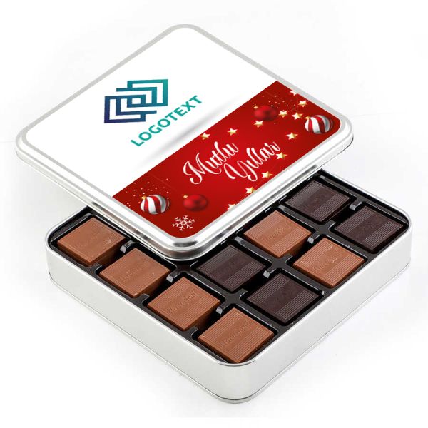 Yılbaşı Hediyesi Firmalara Özel Kurumsal Promosyon Logolu 64 Adet Madlen Çikolata (Metal Kutu) - 1