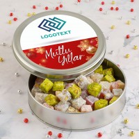 Yılbaşı Hediyesi Firmalara Özel Kurumsal Promosyon Logolu Çifte Kavrulmuş Lokum (Metal Yuvarlak Kutu) 300g - Hacı Şerif