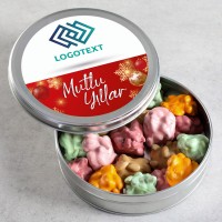 Yılbaşı Hediyesi Firmalara Özel Kurumsal Promosyon Logolu Karışık Antep Fıstıklı Roş Çikolata (Metal Kutu) - Hacı Şerif
