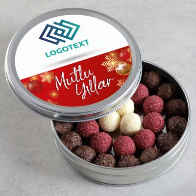 Hacı Şerif - Yılbaşı Hediyesi Firmalara Özel Kurumsal Promosyon Logolu Karışık Special Truffle Çikolata (Yuvarlak Metal Kutu)
