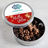 Yılbaşı Hediyesi Firmalara Özel Kurumsal Promosyon Logolu Sütlü-Bitter Antep Fıstıklı Roş Çikolata (Metal Kutu) - Hacı Şerif