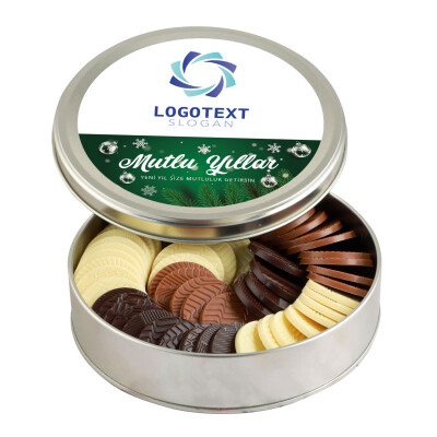 Yılbaşı Hediyesi Firmalara Özel Kurumsal Promosyon Logolu Yuvarlak Madlen Çikolata (Metal Yuvarlak Kutu) - Hacı Şerif