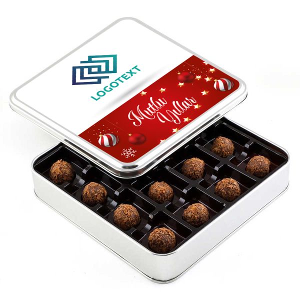 Yılbaşı Hediyesi Firmalara Özel Promosyon Kurumsal Logolu Tahinli Truffle Çikolata (Metal Kutu) - 1