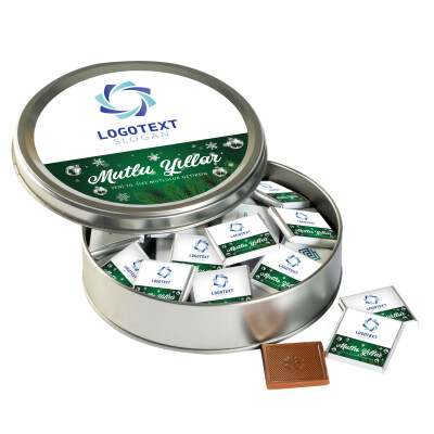 Yılbaşı Hediyesi Firmalara Özel Promosyon Kurumsal Logolu (Yuvarlak Metal) 40 Adet Madlen Çikolata - Hacı Şerif