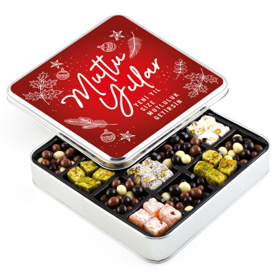 Yılbaşı Hediyesi Kahve Draje + Çifte Kavrulmuş Lokum (Metal Kutu) Kırmızı - Hacı Şerif