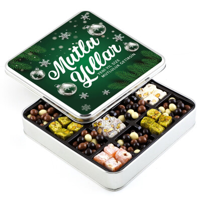 Yılbaşı Hediyesi Kahve Draje + Çifte Kavrulmuş Lokum (Metal Kutu) Yeşil - Hacı Şerif