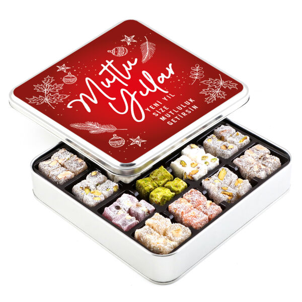 Yılbaşı Hediyesi Karışık Çifte Kavrulmuş Lokum (Metal Kutu) Kırmızı - 1