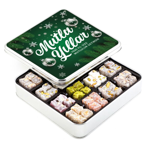 Yılbaşı Hediyesi Karışık Çifte Kavrulmuş Lokum (Metal Kutu) Yeşil - 1