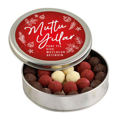 Yılbaşı Hediyesi Karışık Special Truffle Çikolata (Yuvarlak Metal Kutu) Kırmızı - Hacı Şerif
