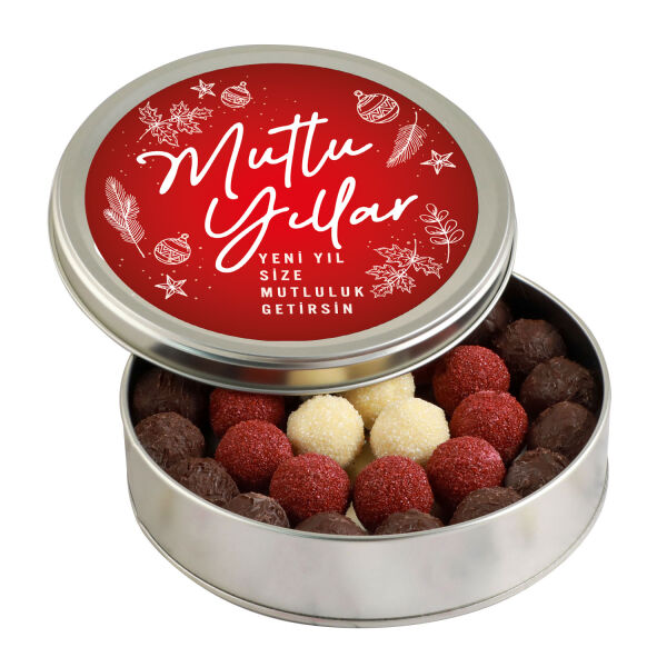 Yılbaşı Hediyesi Karışık Special Truffle Çikolata (Yuvarlak Metal Kutu) Kırmızı - 1