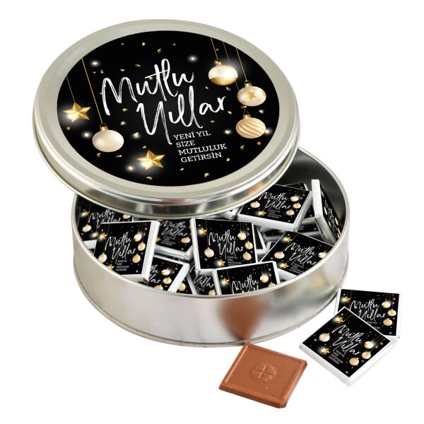 Yılbaşı Hediyesi (Yuvarlak Metal) 40 Adet Madlen Çikolata Siyah - 1