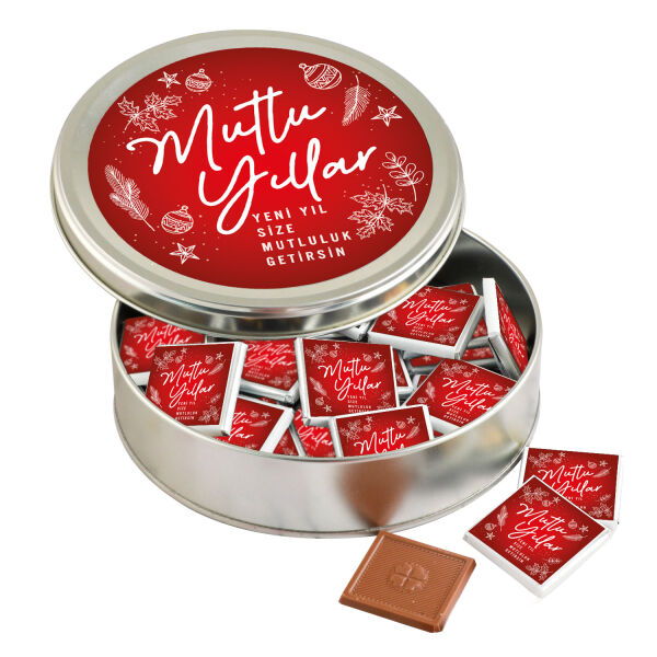Yılbaşı Hediyesi (Yuvarlak Metal) 40 Adet Madlen Çikolata Kırmızı - 1