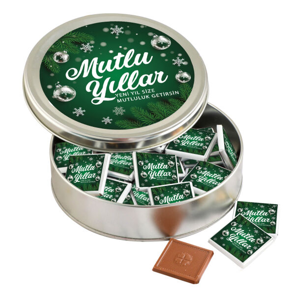 Yılbaşı Hediyesi (Yuvarlak Metal) 40 Adet Madlen Çikolata Yeşil - 1
